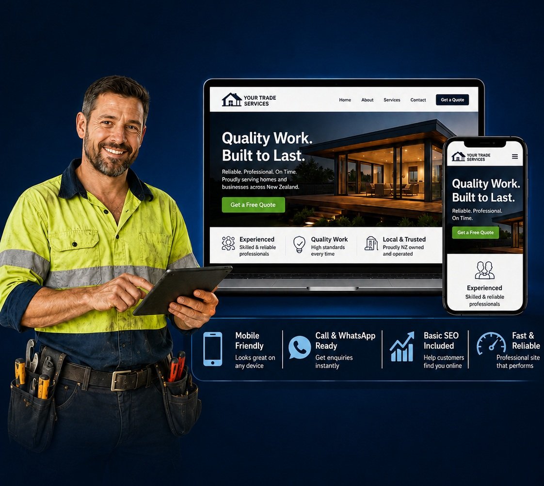 A tradesperson reviewing a Kiweb-built website on a tablet, with the desktop and mobile versions shown behind them