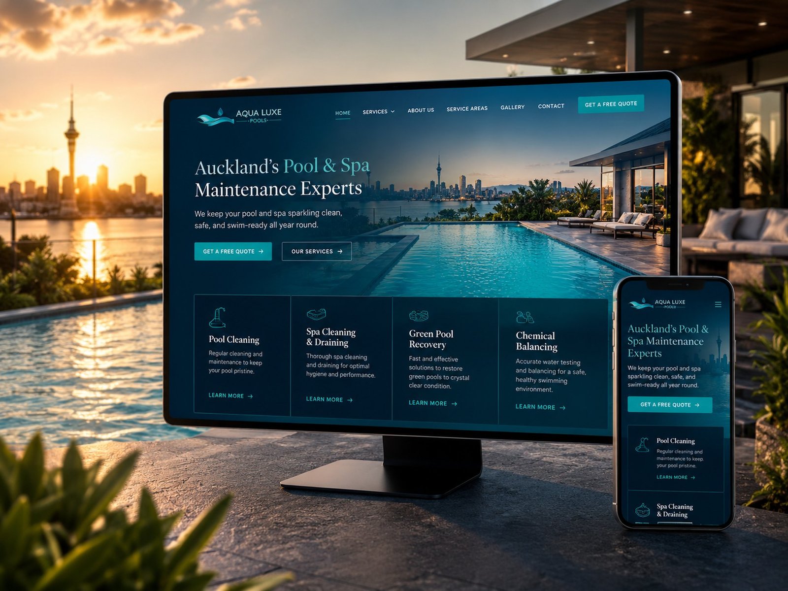 Aqua Luxe Pools — a real website built by Kiweb